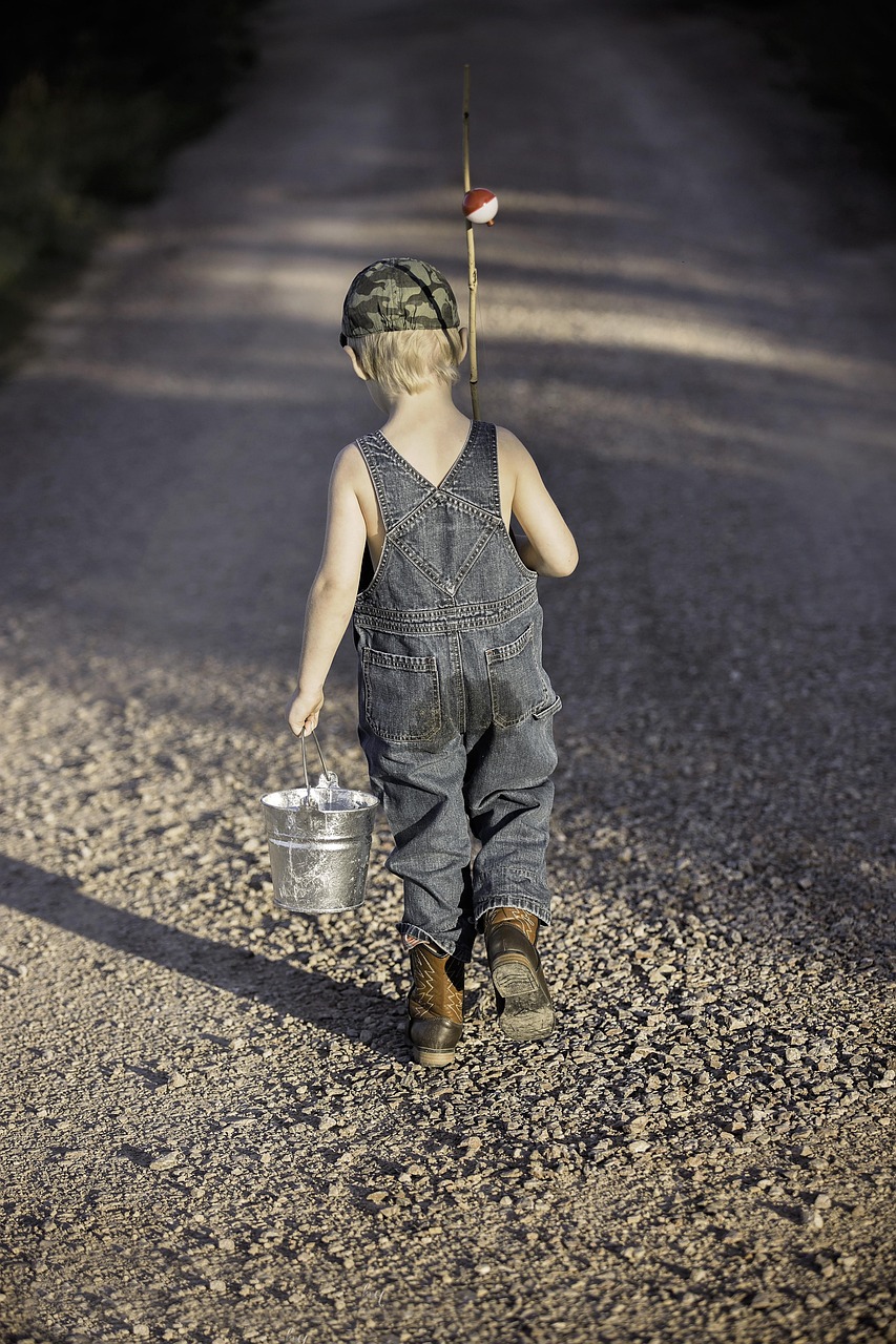 who-we-are boy, child, fishing rod, bucket, fishing, fisherman, kid, young, small, childhood, walking, nature, summer, adventure, lifestyle, outdoors, back view